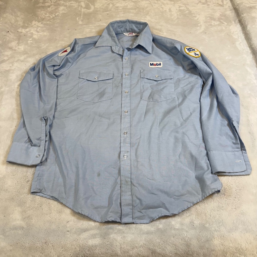 Vintage Unitog Mobil Oil Work Shirt Blue Pegasus Safe Driver Patch Mens 15-15.5